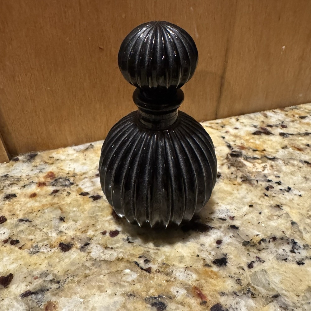 Vintage Black Ribbed Satin Glass Perfume Bottle w Stopper